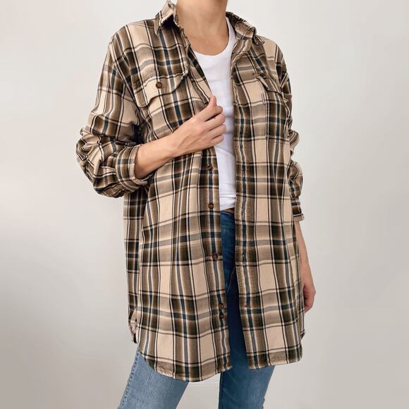 Carhartt Tartan Plaid Button Down Shirt Size XL Tall Work Brown Beige Tan Cotton - Picture 5 of 12